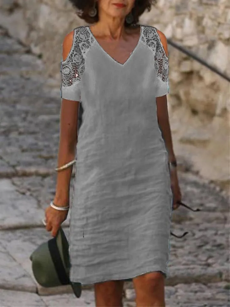 ZOCAVIA Womens Cotton Linen Dress Lace V Neck Summer Beach Vacation Knee Length Tshirt Shift Dresses Short Sleeve Plus Size