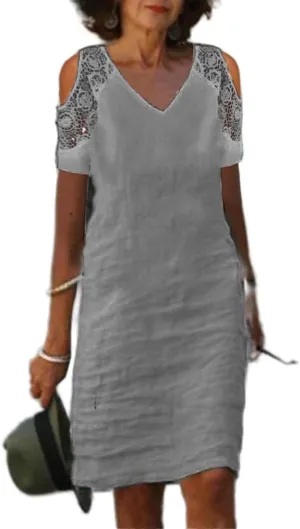 ZOCAVIA Womens Cotton Linen Dress Lace V Neck Summer Beach Vacation Knee Length Tshirt Shift Dresses Short Sleeve Plus Size