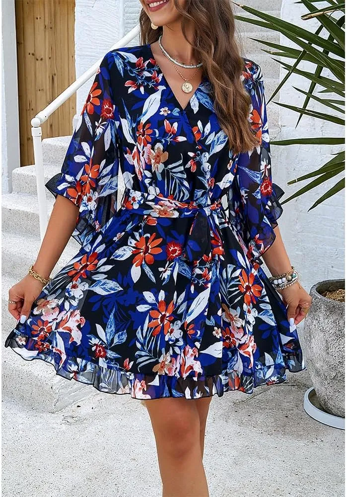 ZOCAVIA Women's Flowy Beach Dresses Floral V Neck Batwing Sleeve Boho Dress with Belt Elegant Ruffle Ruched Mini Dresses
