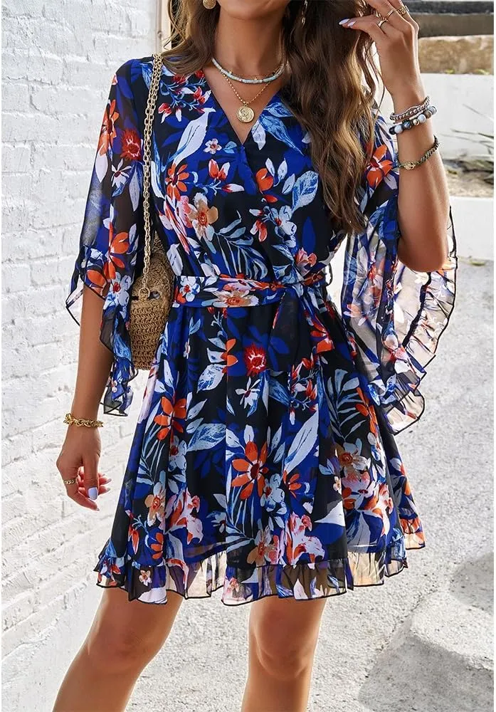 ZOCAVIA Women's Flowy Beach Dresses Floral V Neck Batwing Sleeve Boho Dress with Belt Elegant Ruffle Ruched Mini Dresses