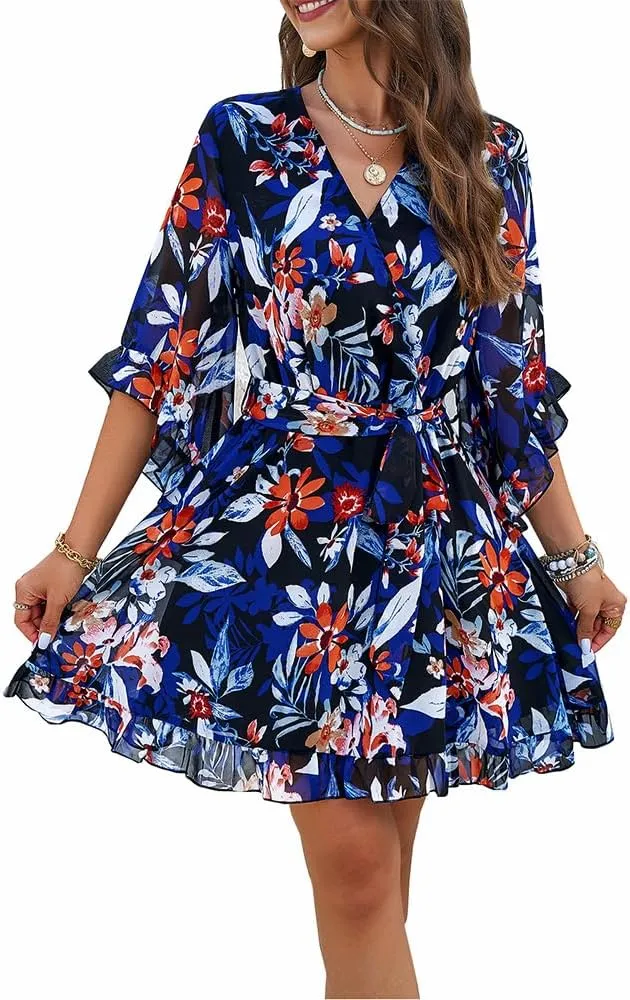 ZOCAVIA Women's Flowy Beach Dresses Floral V Neck Batwing Sleeve Boho Dress with Belt Elegant Ruffle Ruched Mini Dresses
