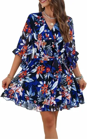 ZOCAVIA Women's Flowy Beach Dresses Floral V Neck Batwing Sleeve Boho Dress with Belt Elegant Ruffle Ruched Mini Dresses