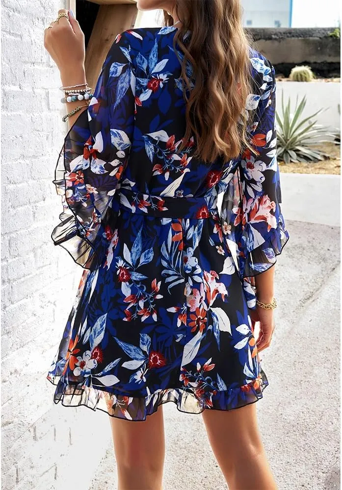ZOCAVIA Women's Flowy Beach Dresses Floral V Neck Batwing Sleeve Boho Dress with Belt Elegant Ruffle Ruched Mini Dresses