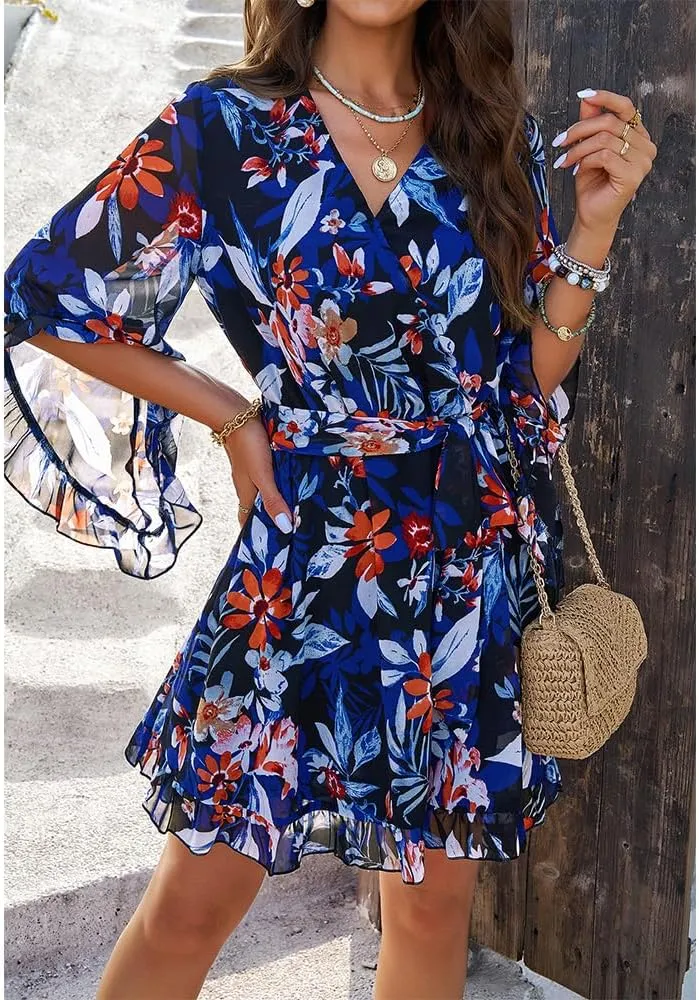 ZOCAVIA Women's Flowy Beach Dresses Floral V Neck Batwing Sleeve Boho Dress with Belt Elegant Ruffle Ruched Mini Dresses