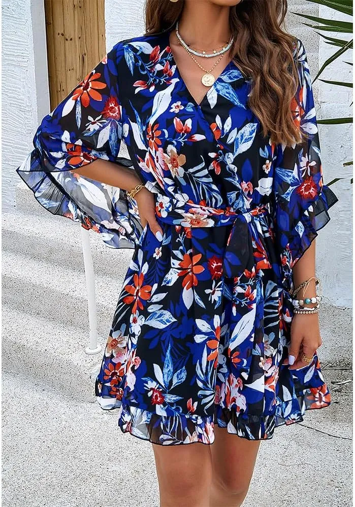 ZOCAVIA Women's Flowy Beach Dresses Floral V Neck Batwing Sleeve Boho Dress with Belt Elegant Ruffle Ruched Mini Dresses
