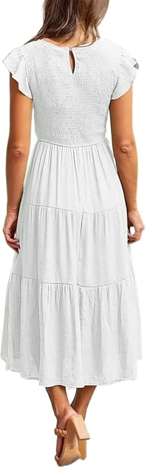 ZWRXW Summer Dresses for Women 2024 Casual Flutter Short Sleeve Crew Neck Smocked Elastic Waist Flowy Tiered Long Maxi Dress