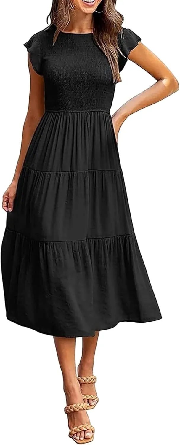 ZWRXW Summer Dresses for Women 2024 Casual Flutter Short Sleeve Crew Neck Smocked Elastic Waist Flowy Tiered Long Maxi Dress