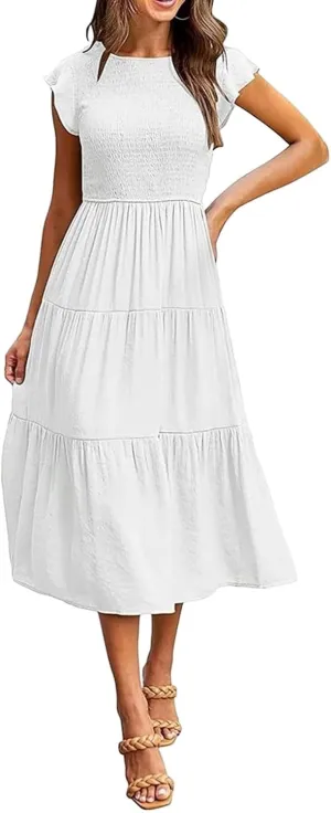 ZWRXW Summer Dresses for Women 2024 Casual Flutter Short Sleeve Crew Neck Smocked Elastic Waist Flowy Tiered Long Maxi Dress