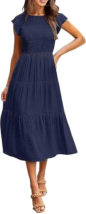 ZWRXW Summer Dresses for Women 2024 Casual Flutter Short Sleeve Crew Neck Smocked Elastic Waist Flowy Tiered Long Maxi Dress