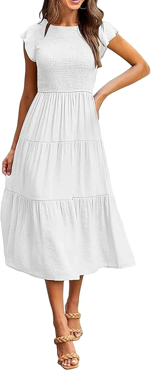 ZWRXW Summer Dresses for Women 2024 Casual Flutter Short Sleeve Crew Neck Smocked Elastic Waist Flowy Tiered Long Maxi Dress