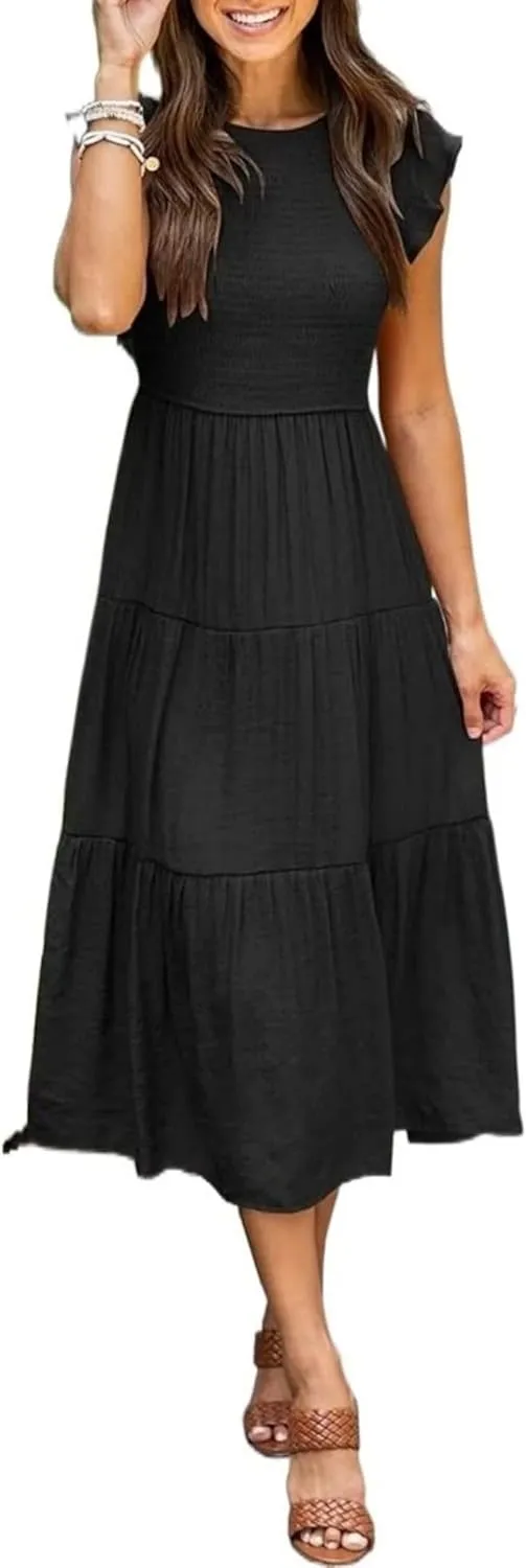 ZWRXW Summer Dresses for Women 2024 Casual Flutter Short Sleeve Crew Neck Smocked Elastic Waist Flowy Tiered Long Maxi Dress