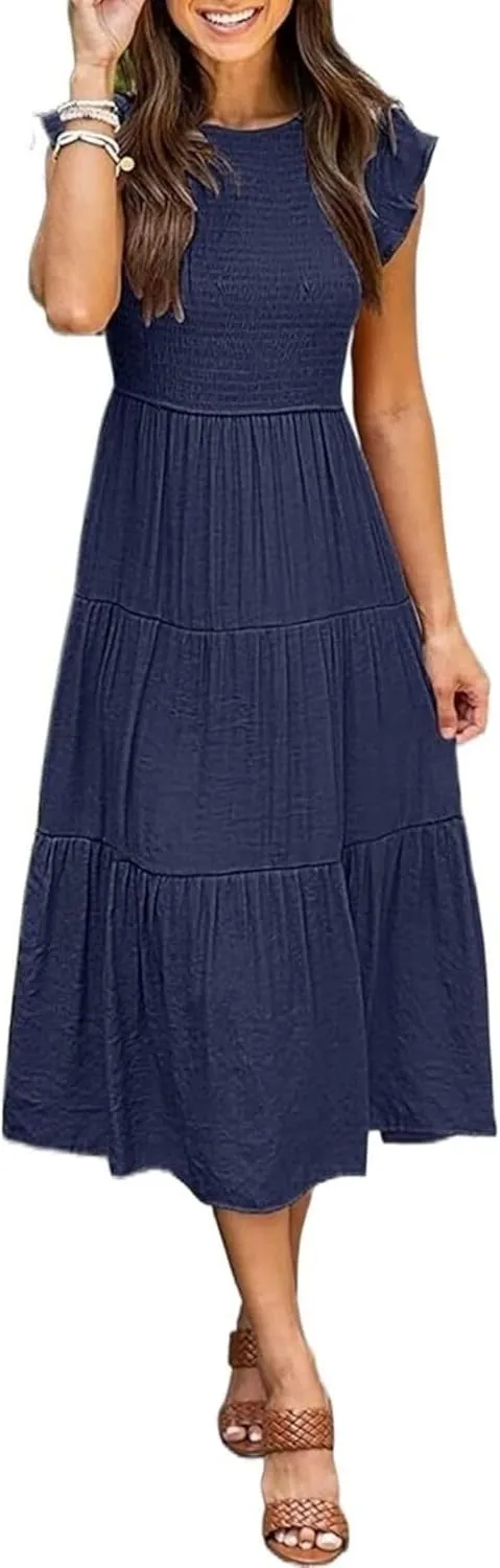 ZWRXW Summer Dresses for Women 2024 Casual Flutter Short Sleeve Crew Neck Smocked Elastic Waist Flowy Tiered Long Maxi Dress