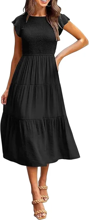 ZWRXW Summer Dresses for Women 2024 Casual Flutter Short Sleeve Crew Neck Smocked Elastic Waist Flowy Tiered Long Maxi Dress