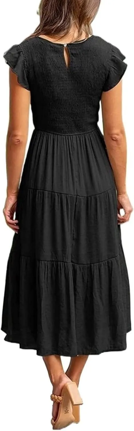 ZWRXW Summer Dresses for Women 2024 Casual Flutter Short Sleeve Crew Neck Smocked Elastic Waist Flowy Tiered Long Maxi Dress