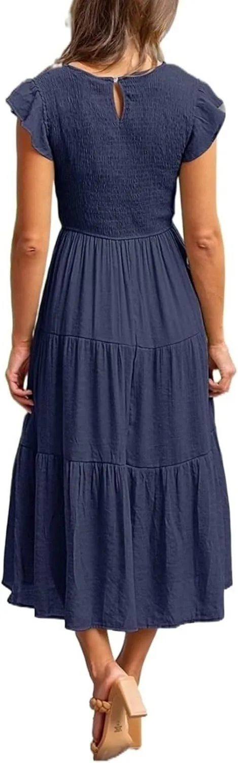 ZWRXW Summer Dresses for Women 2024 Casual Flutter Short Sleeve Crew Neck Smocked Elastic Waist Flowy Tiered Long Maxi Dress