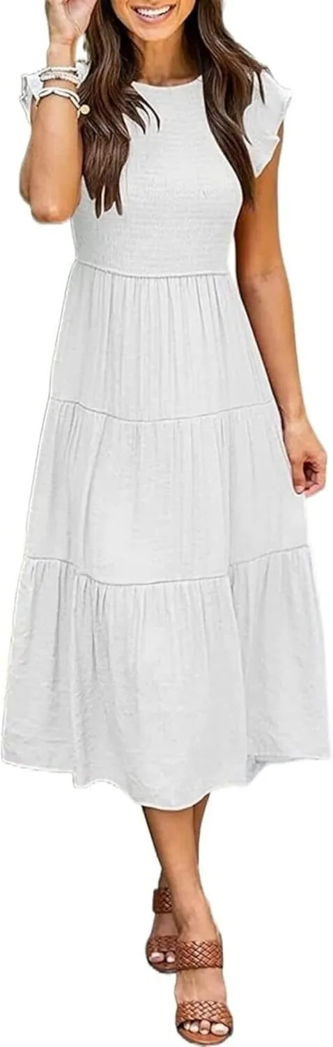 ZWRXW Summer Dresses for Women 2024 Casual Flutter Short Sleeve Crew Neck Smocked Elastic Waist Flowy Tiered Long Maxi Dress