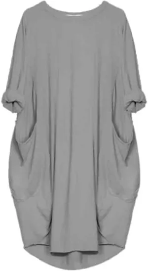 ZWRXW Womens Oversized Tunic Dress Casual Roll-Up Sleeve Baggy T Shirt Dress Loose Plus Size Party Midi Dresses with Pockets