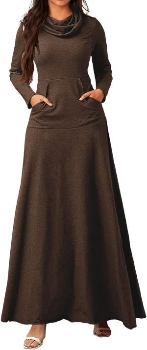 ZWRXW Womens Turtleneck Maxi Dresses Fashion Casual Long Sleeve Fall Winter Elegant Solid Swing Long Dress with Pockets