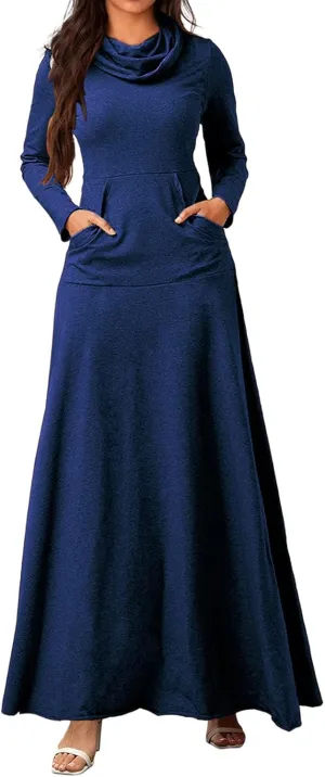 ZWRXW Womens Turtleneck Maxi Dresses Fashion Casual Long Sleeve Fall Winter Elegant Solid Swing Long Dress with Pockets