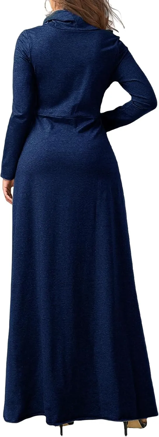 ZWRXW Womens Turtleneck Maxi Dresses Fashion Casual Long Sleeve Fall Winter Elegant Solid Swing Long Dress with Pockets