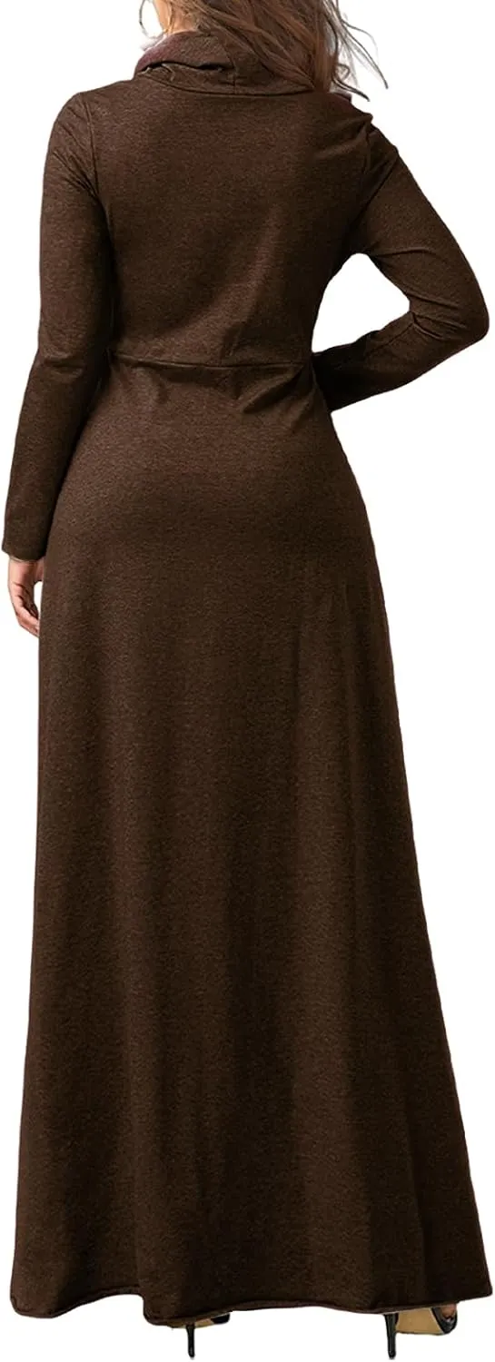 ZWRXW Womens Turtleneck Maxi Dresses Fashion Casual Long Sleeve Fall Winter Elegant Solid Swing Long Dress with Pockets