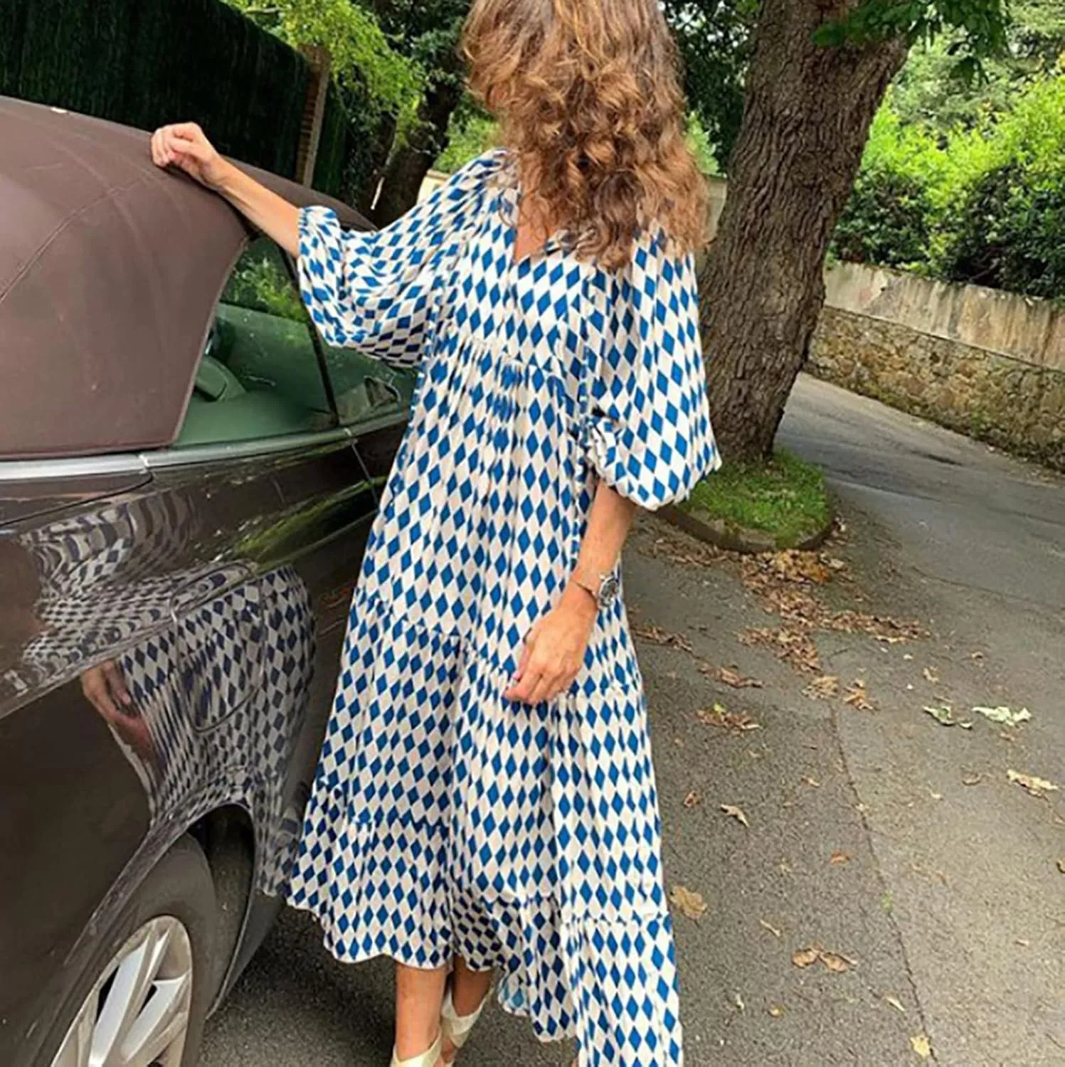ZYXTIM Boho Dresses for Women 2025 V Neck Floral Puff Short Sleeve Summer Dress Oversize Casual Beach Vacation Maxi Dress