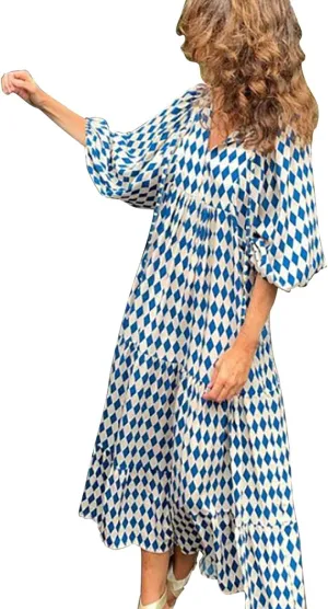 ZYXTIM Boho Dresses for Women 2025 V Neck Floral Puff Short Sleeve Summer Dress Oversize Casual Beach Vacation Maxi Dress