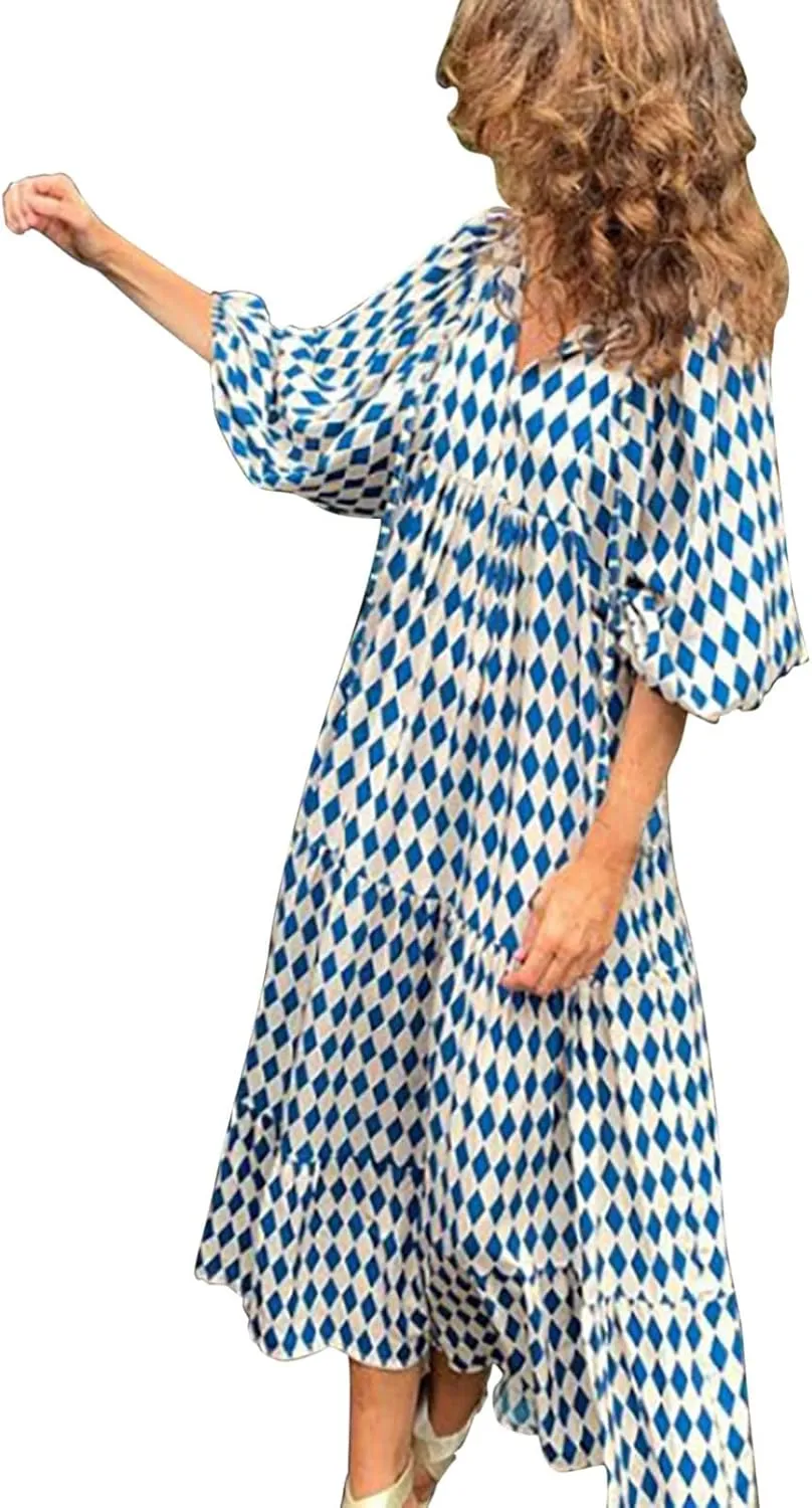 ZYXTIM Boho Dresses for Women 2025 V Neck Floral Puff Short Sleeve Summer Dress Oversize Casual Beach Vacation Maxi Dress