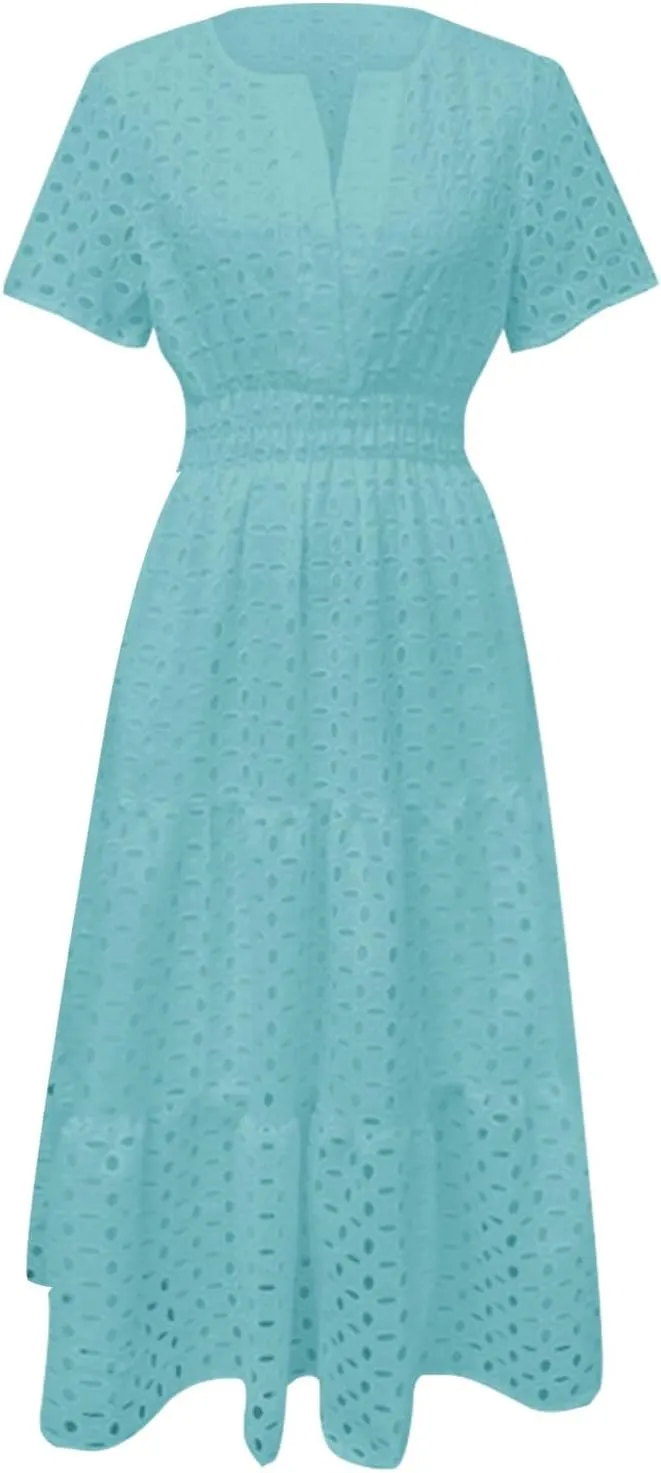ZYXTIM Eyelet Dresses for Women 2025 Short Sleeve Casual A Line Boho Maxi Dress V Neck Fashion Summer Beach Vacation Sundress