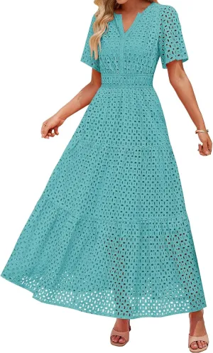 ZYXTIM Eyelet Dresses for Women 2025 Short Sleeve Casual A Line Boho Maxi Dress V Neck Fashion Summer Beach Vacation Sundress