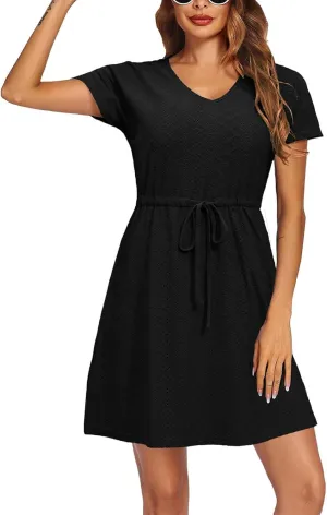 ZYXTIM Eyelet Dresses for Women 2025 Short Sleeve V Neck Hollow Out Lace Ruffle Casual Beach Vacation Summer Party Dress