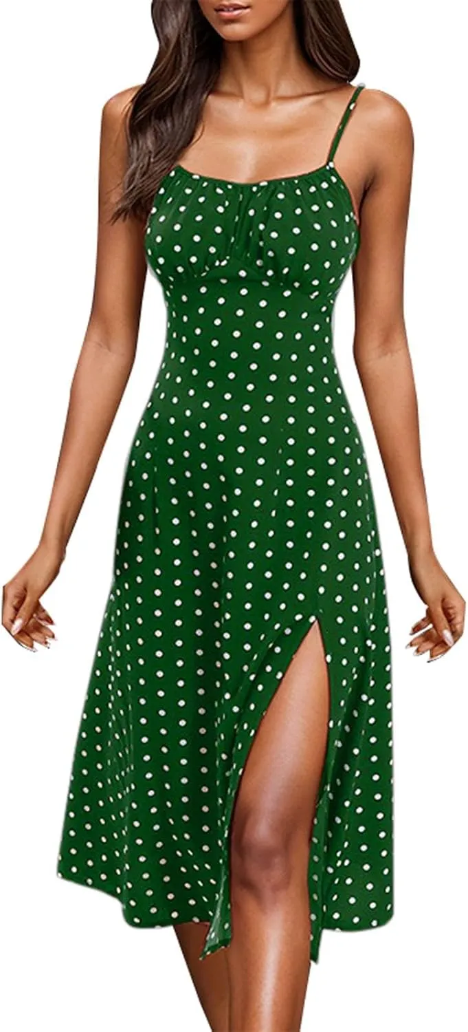 ZYXTIM Spaghetti Strap Dress for Women 2025 Summer Split Thigh Midi Floral Dresses High Waist Slim Vacation Beach Sexy Dress