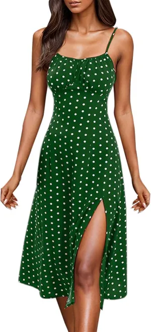 ZYXTIM Spaghetti Strap Dress for Women 2025 Summer Split Thigh Midi Floral Dresses High Waist Slim Vacation Beach Sexy Dress