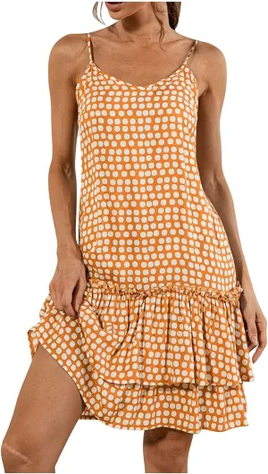 ZYXTIM Summer Dress Womens 2024 Casual Boho Sundress Polka Dot Spaghetti Strap V Neck Layered Swing Dress Flowy Midi Dresses