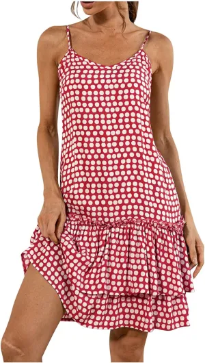 ZYXTIM Summer Dress Womens 2024 Casual Boho Sundress Polka Dot Spaghetti Strap V Neck Layered Swing Dress Flowy Midi Dresses