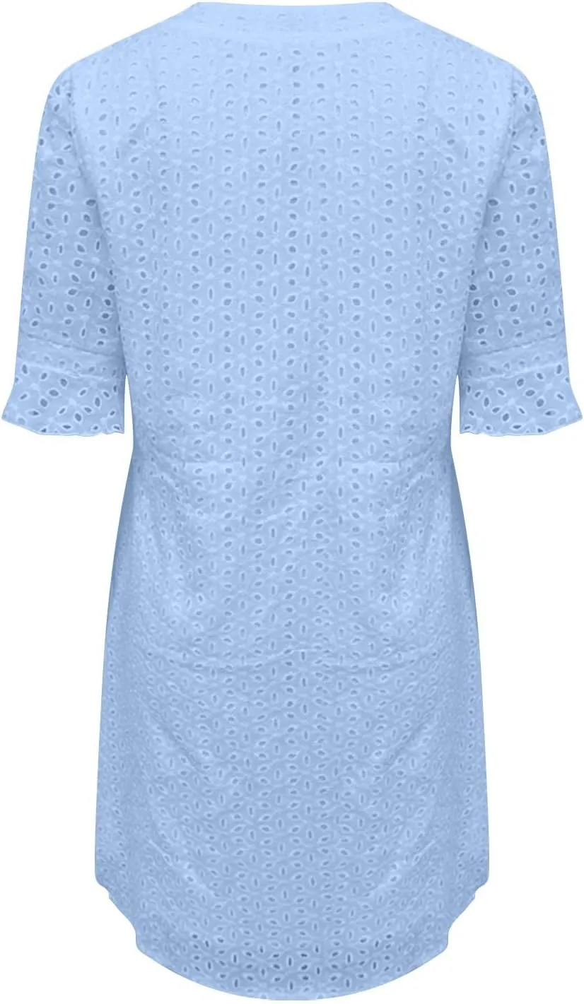ZYXTIM Summer Eyelet Dresses for Women 2025 Elegant V Neck Short Sleeve Fashion Business Dress Hollow Out Vacation Dresses
