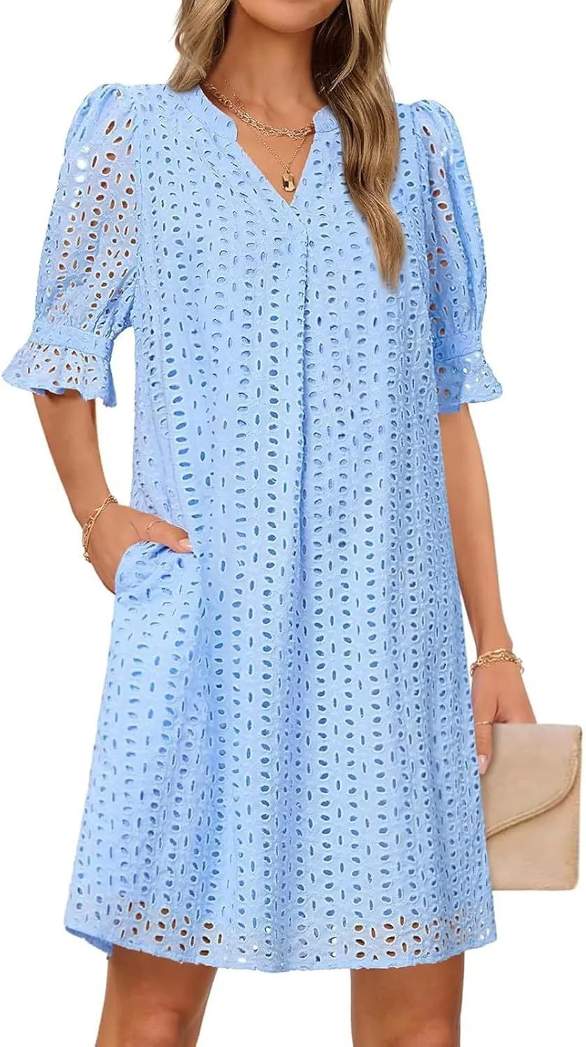 ZYXTIM Summer Eyelet Dresses for Women 2025 Elegant V Neck Short Sleeve Fashion Business Dress Hollow Out Vacation Dresses