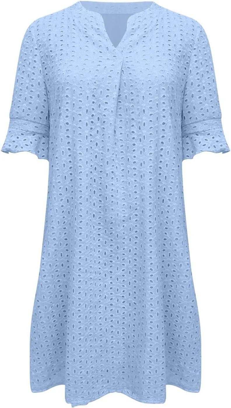 ZYXTIM Summer Eyelet Dresses for Women 2025 Elegant V Neck Short Sleeve Fashion Business Dress Hollow Out Vacation Dresses