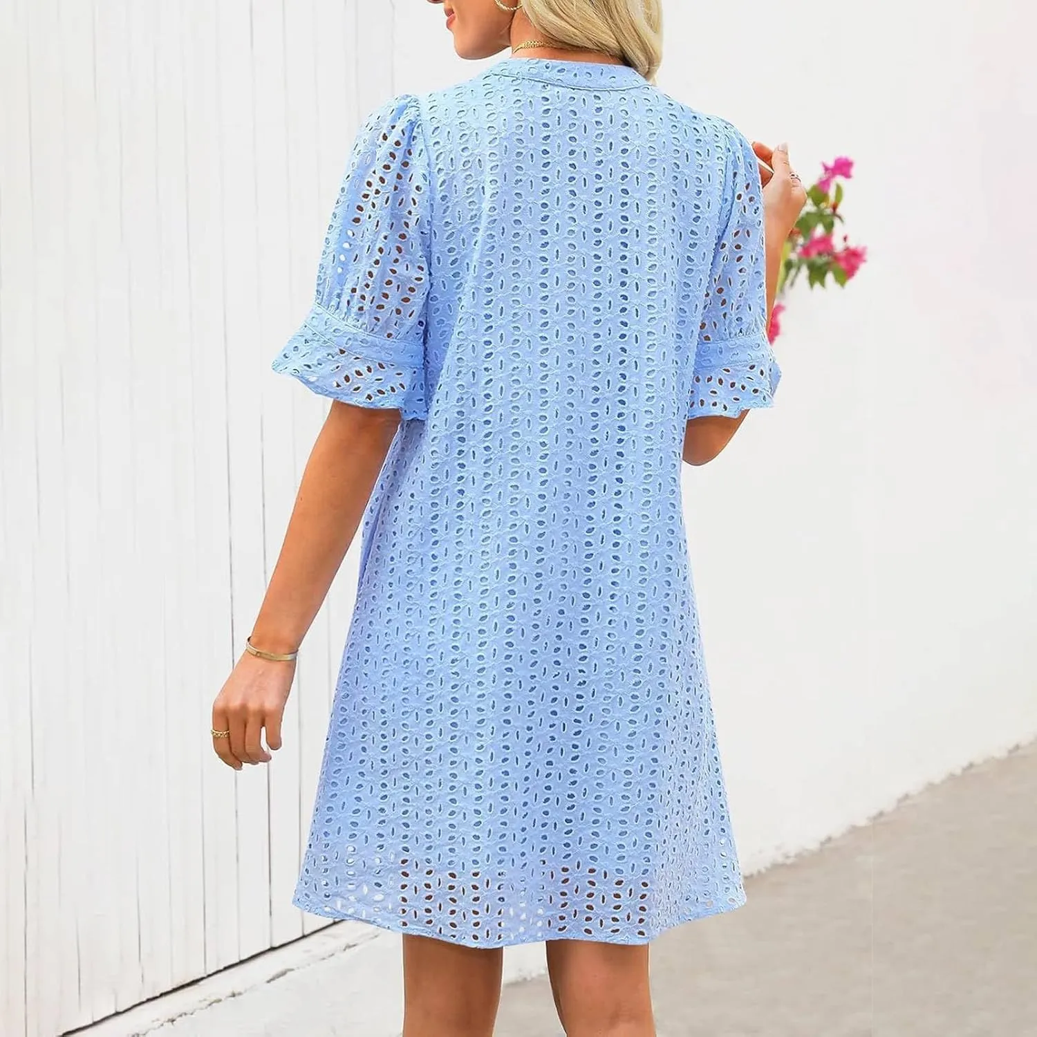 ZYXTIM Summer Eyelet Dresses for Women 2025 Elegant V Neck Short Sleeve Fashion Business Dress Hollow Out Vacation Dresses