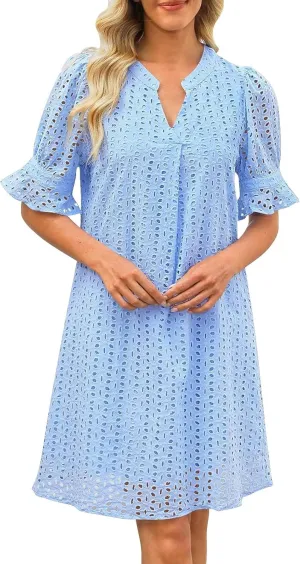 ZYXTIM Summer Eyelet Dresses for Women 2025 Elegant V Neck Short Sleeve Fashion Business Dress Hollow Out Vacation Dresses