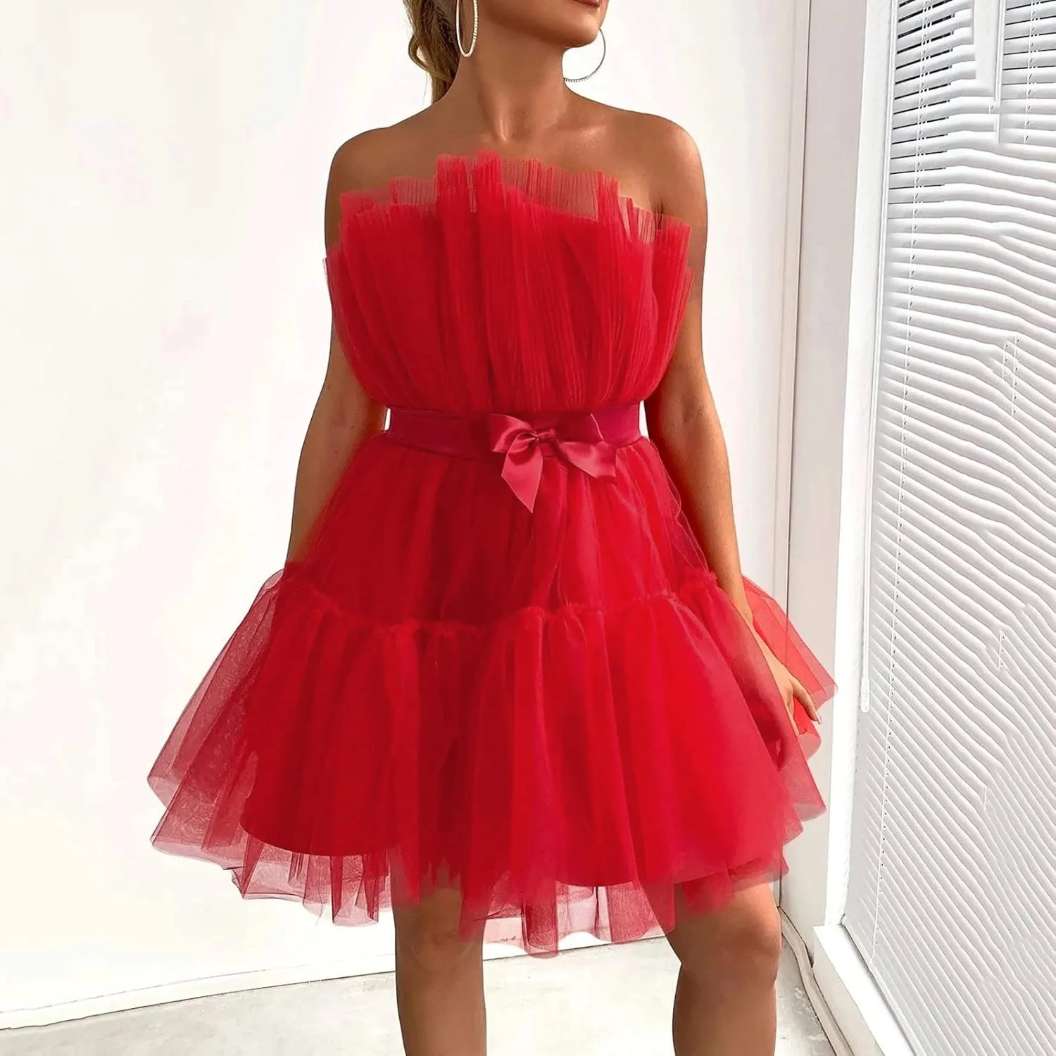 ZYXTIM Tube Tulle Mini Dress Women Sexy Off Shoulder Ruffle Tutu Dress Cocktail Party Birthday Fairy Dresses Evening Gown