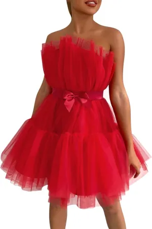 ZYXTIM Tube Tulle Mini Dress Women Sexy Off Shoulder Ruffle Tutu Dress Cocktail Party Birthday Fairy Dresses Evening Gown