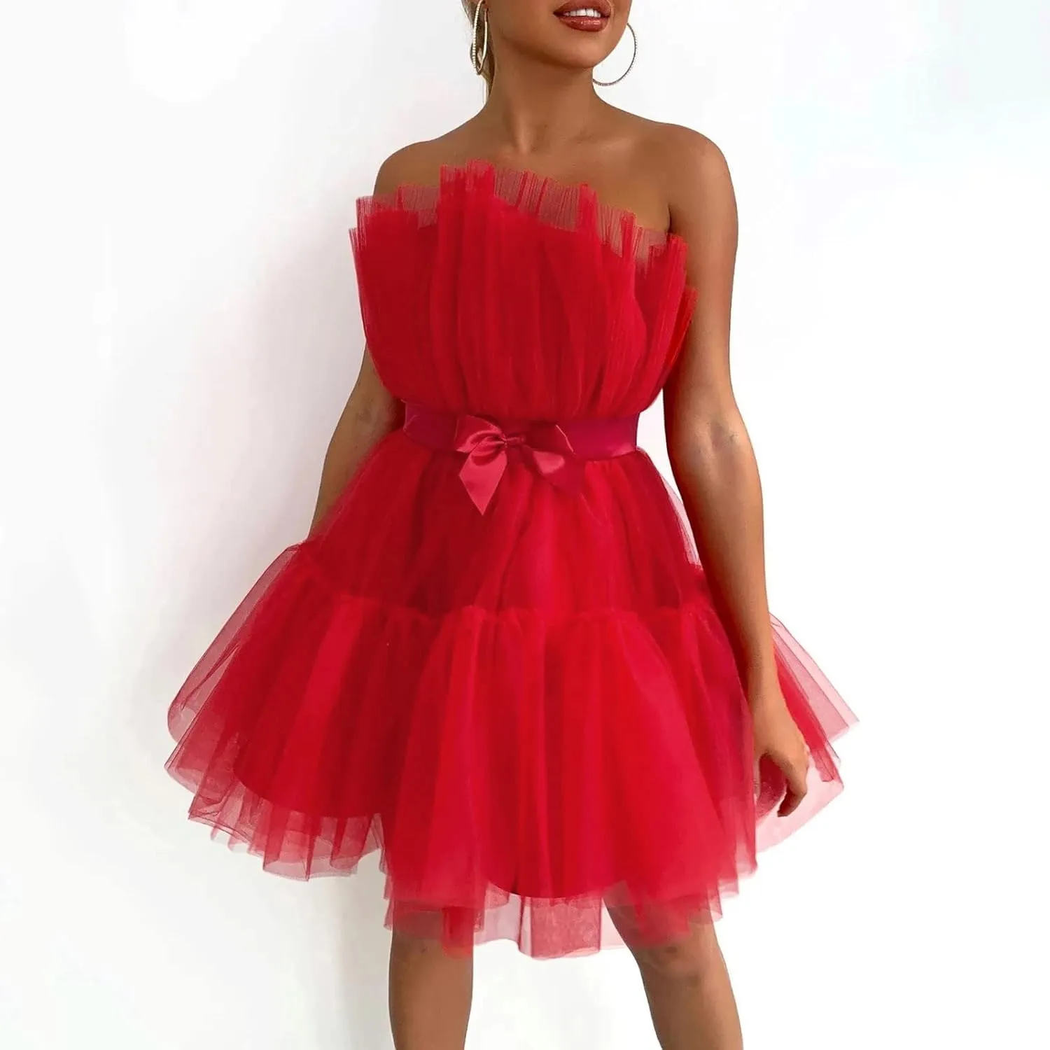 ZYXTIM Tube Tulle Mini Dress Women Sexy Off Shoulder Ruffle Tutu Dress Cocktail Party Birthday Fairy Dresses Evening Gown