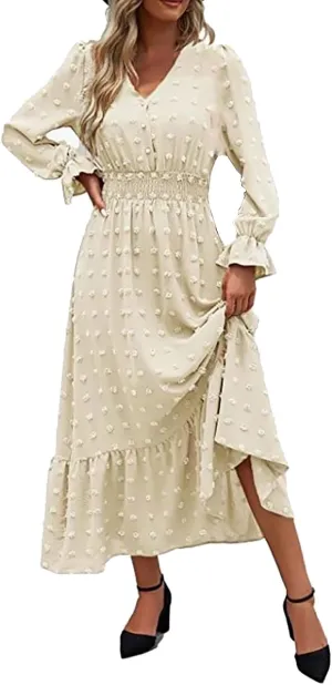 ZYXTIM Women Boho Maxi Dress 2024 Long Sleeve V Neck Jacquard Swiss Dot Smocked High Waisted A-Line Ruffle Tiered Long Dress