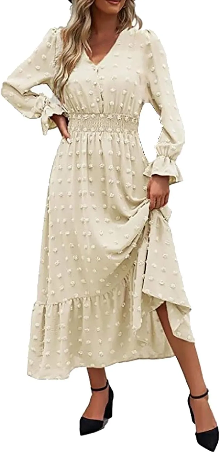 ZYXTIM Women Boho Maxi Dress 2024 Long Sleeve V Neck Jacquard Swiss Dot Smocked High Waisted A-Line Ruffle Tiered Long Dress