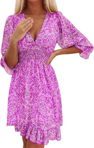 ZYXTIM Women's 2023 Summer Swing Dress Elegant Deep V Neck Floral Half Sleeve Ruffle Layer A-Line Short Dress Beach Sundress