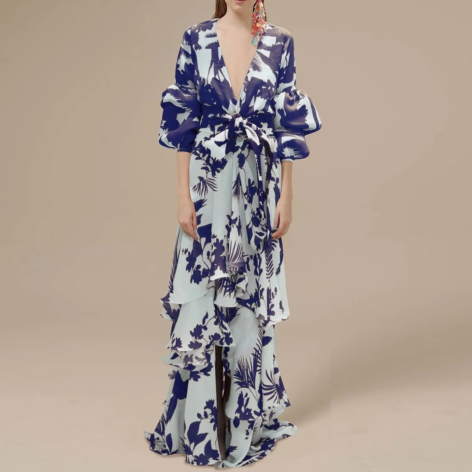 ZYXTIM Womens 2024 Fashion Prom Dress Elegant V Neck Floral Print Puffer Long Sleeve Layered Tiered Chiffon Beach Party Dress