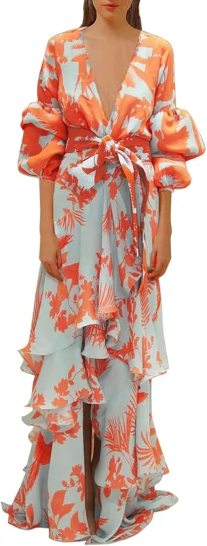 ZYXTIM Womens 2024 Fashion Prom Dress Elegant V Neck Floral Print Puffer Long Sleeve Layered Tiered Chiffon Beach Party Dress
