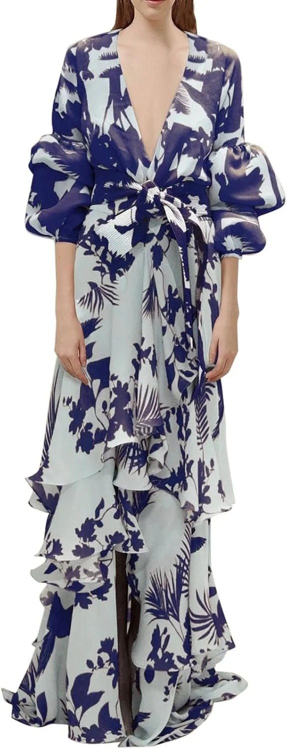 ZYXTIM Womens 2024 Fashion Prom Dress Elegant V Neck Floral Print Puffer Long Sleeve Layered Tiered Chiffon Beach Party Dress