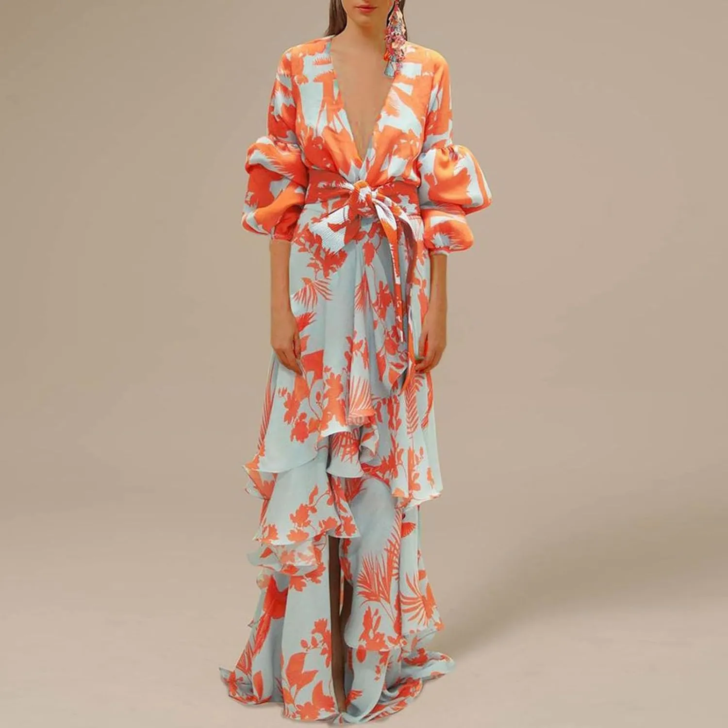 ZYXTIM Womens 2024 Fashion Prom Dress Elegant V Neck Floral Print Puffer Long Sleeve Layered Tiered Chiffon Beach Party Dress